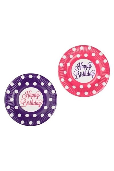 ANTBRO Fuchsia/Purple Polka Dot "Happy Birthday" Paper Party Plates Ø18 cm, Set of 12 -