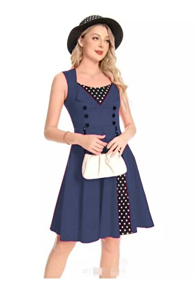 Generic Elegant Retro Women's Polka Dot Sleeveless Wrap A-Line Mid-Length Dress