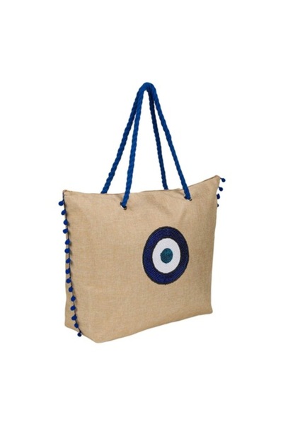 OEM Geantă de plajă din in - Pompon cu paiete Blue Eye 42x15x43cm