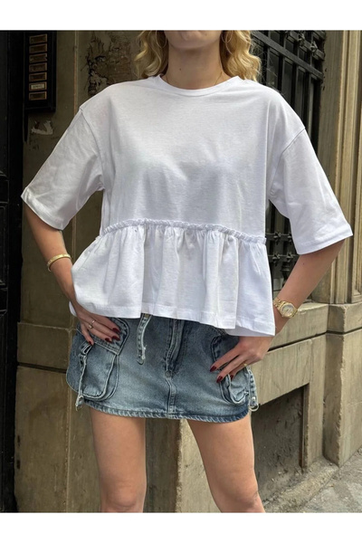 bysoca تي شيرت نسائي أبيض برقبة دائرية وأكمام قصيرة وتنورة مكشكشة قصة فضفاضة ...