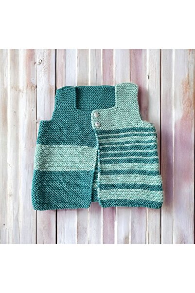 The Cloudish Shop Baby Hand Knitted Vest Turquoise - Water Green Striped 1-2 Years Old