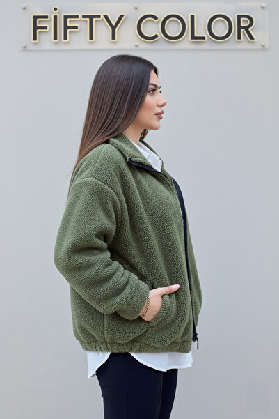 Fifty Color Women's Oversize Plush, Fleece, Zippered, Stand Collar, Pocket Zipper, Warm Soft Winter Coat