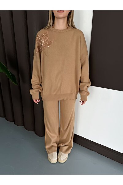 REDMİNA fashion Comfortable Knitwear Set with Shoulder Leaf Detail