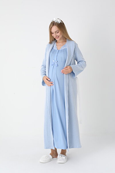 Lohusa Homewear Kadın Mavi Çizgili Özel Tasarım Tam Boy Kışlık Lohusa Hamile ...