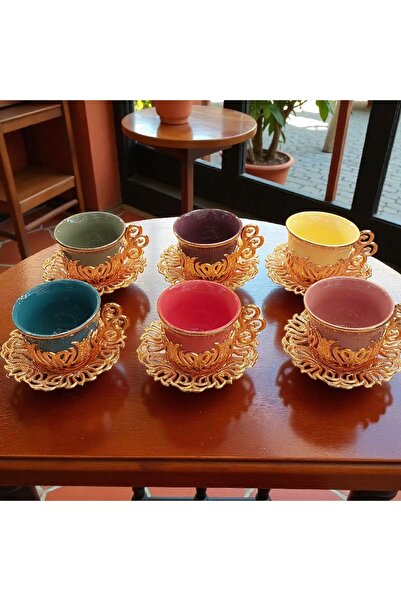 Bakır Center Porcelain Coffee Cup Set Copper Flower Patterned Cup Set Set of 6 Boxed Gift Cup Set