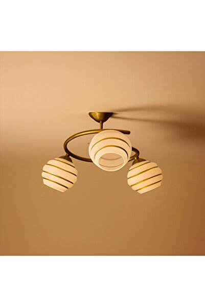 KUZENLER Modern Lüx Eskitme 3’lü Beyaz Gold Çizgili Cam Avize