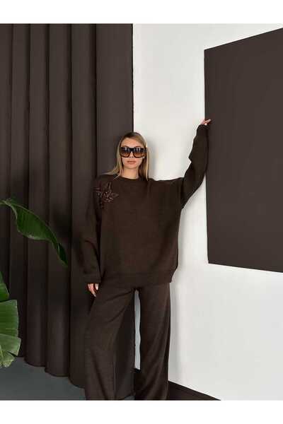 REDMİNA fashion Comfortable Knitwear Set with Shoulder Leaf Detail