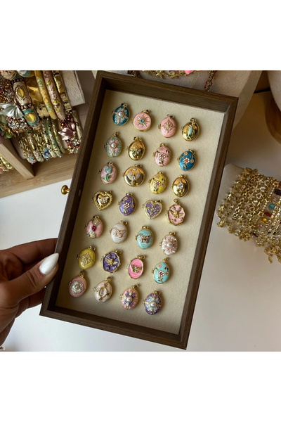 Vintagezegeni Çift Fotoğraflı Mineli/Desenli Kapaklı Kolyeler