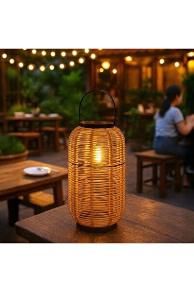 ANTBRO Solar Table Lantern with Bamboo Mesh and Bulb – Ø15x29 cm – Ambient Lighting for Garden and Ter