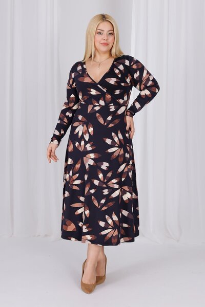 Madwilo Women's Black Coffee Floral Pattern Double-Breasted Neckline Large Size Stretchy Maxi Dress