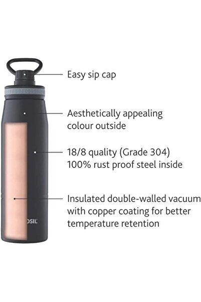 Xess HYDRA Vacuum Insulated Copper Coated Inner Water Bottle, 600 ml, Black