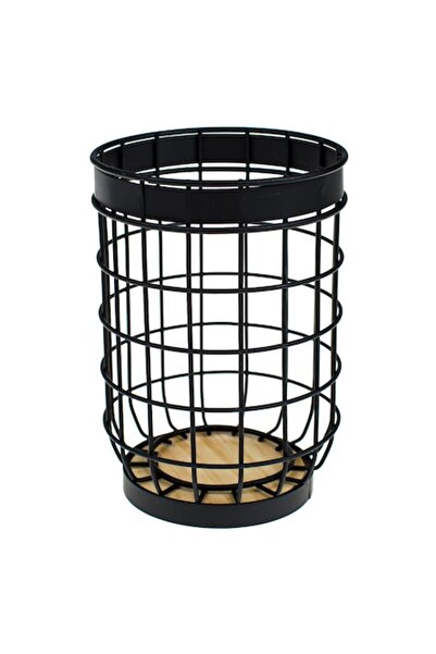 ANTBRO Round Black Metal Cutlery Holder with Wooden Base, 12 x 17 cm