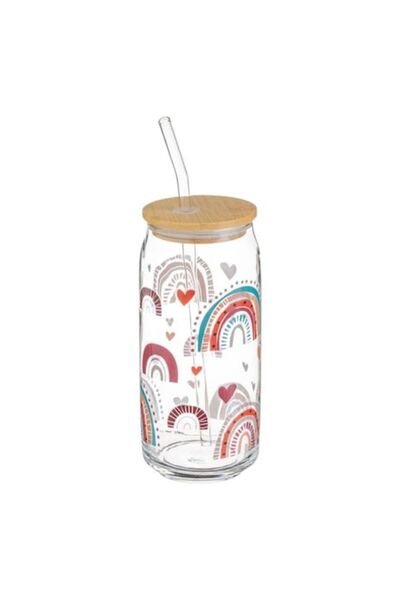 OEM Cana de sticlă cu model curcubeu, capac din bambus și pai, 600 ml