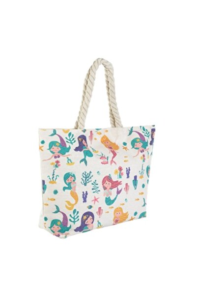 OEM Geantă ecru din bumbac cu sirene colorate și mânere din frânghie pentru f...