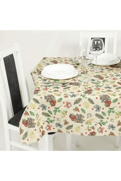 ANTBRO ® Christmas tablecloth made of cotton and polyester, ecru with Xmas mo...