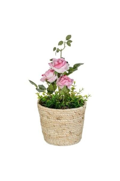 ANTBRO Ghiveci de flori din paie Ø20 × 40 cm – Vază rustică cu trandafir roz artificial, ideală pentru living și terasă
