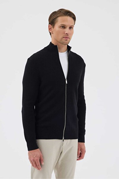 Paşahan Double Zipper 100% Cotton Mock Neck Knitwear Cardigan
