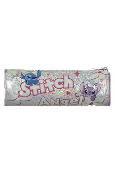 ANTBRO Round Tube Pencil Case Stitch & Angel — Silver Holographic, Lilac Zipper, 8×22.5 cm