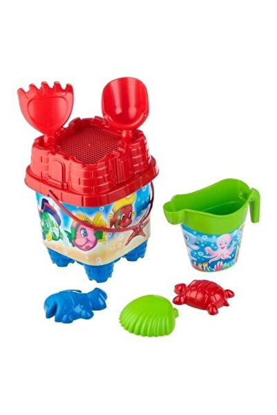 ANTBRO Găleată de plajă albastră-roșie cu castel, pești și pirați 16x16x26cm,...
