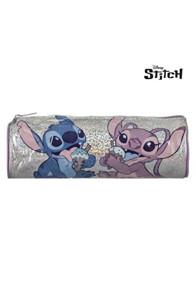 ANTBRO Round Tube Pencil Case Stitch & Angel — Silver Holographic, Lilac Zipper, 8×22.5 cm