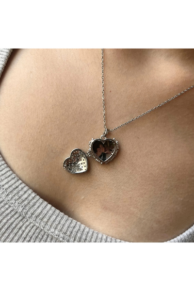 Vintagezegeni Zirkon Taşlı Fotoğraflı Kapaklı Kalp Kolye