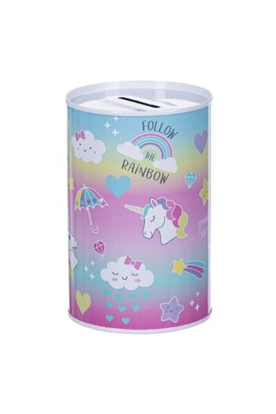 ANTBRO Pușculiță metalică roz cu unicorn Ø 8×12,5 cm – Pușculiță decorativă ș...