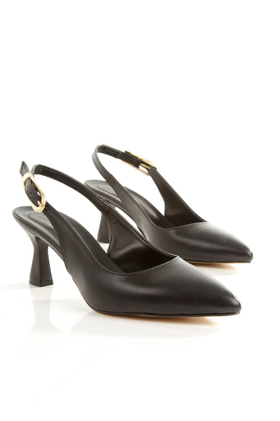 Y ESMA Black Leather Pointed Toe Open Back Big Buckle 5cm Goblet Heel