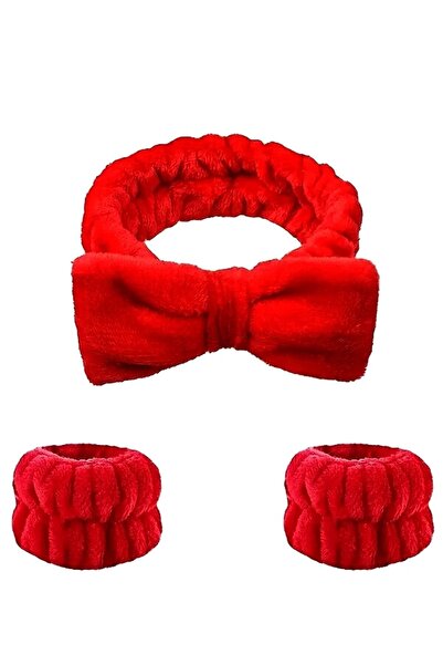 Teo Flanel Kırmızı Saç Bandı ve Bileklik Seti, Spa - Makyaj - Cilt Bakım - Yüz Yıkama Saç Bandı