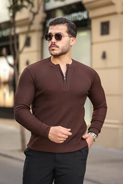VELİZADE Erkek Slim Fit Fermuar Detaylı Dik Yaka Kahve Triko Kazak Uzun Kollu Fermuarlı Yumuşak Dokulu Bluz