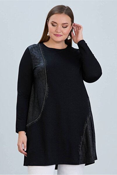 FOR ESRA BIG TREND Women's Plus Size Edges Stone Block Leather-Look Crew Neck Long Sleeve Stretchy Viscose Tunic