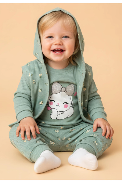 Tuabella 100% Cotton 3-Piece Baby Girl Set (Snap Fastener Bodysuit + Vest + Bottoms)