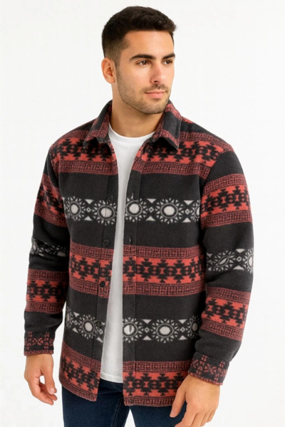 BALCI Mdb Men's Patterned Fleece Shirt – Ethnic Stripe Pattern Collar, Long S...