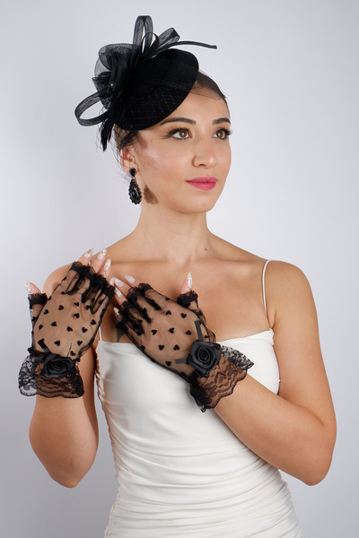 Limelia قفازات زفاف سوداء قصيرة من الساتان مع ربطة عنق وإكسسوارات زفاف وطقم قبعة فاشينيتور