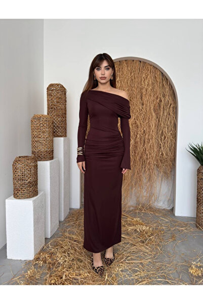 Afiş Butik Kahverengi Kadın Tek Omuz Düşük Drapeli Uzun Tasarım Elbise