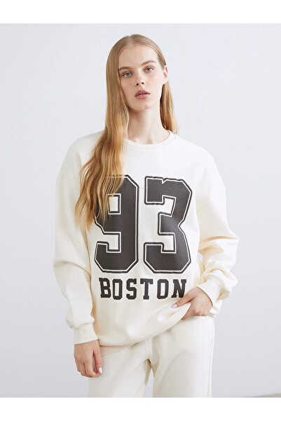 LC Waikiki Xside Beige Boston Printed Oversized Women's Thick Sweatshirt