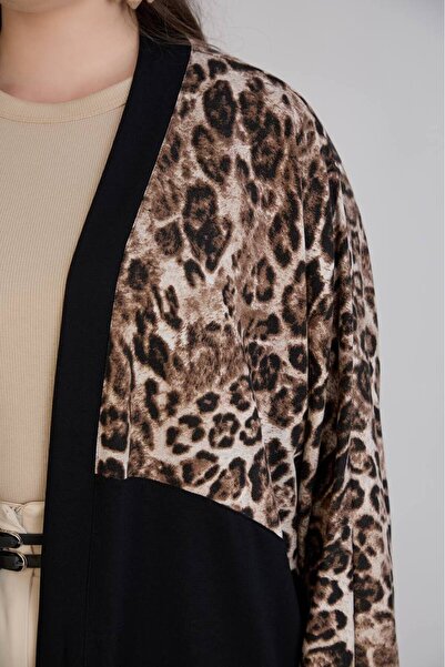 FOR ESRA BIG TREND Women's Plus Size Top Leopard Print Side Pockets Wide Cut Batwing Sleeve Open Front Viscose Stretchy Cardigan