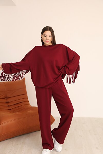 02Lady Fashion Oversized Tassel Detailed Modal Fabric Tracksuit Set
