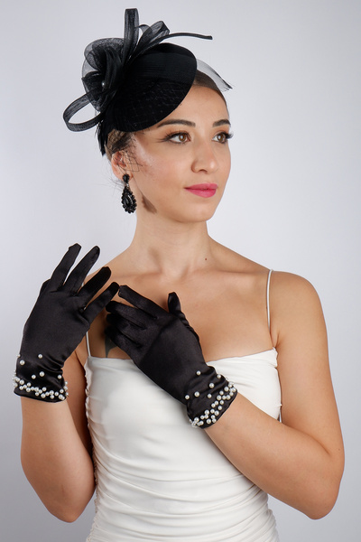 Hayalperest boncuk قفازات زفاف سوداء قصيرة من الساتان مزينة بحجر اللؤلؤ، مجموعة إكسسوارات الزفاف