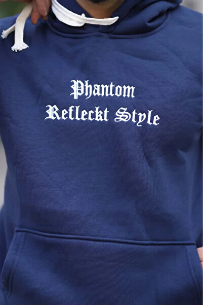 PHANTOM JEANS Mavi Şık İçi Polarlı Erkek Eşofman Takımı Paça Lastikli Cepli Kapüşonlu Nakış Detaylı Compact Takım