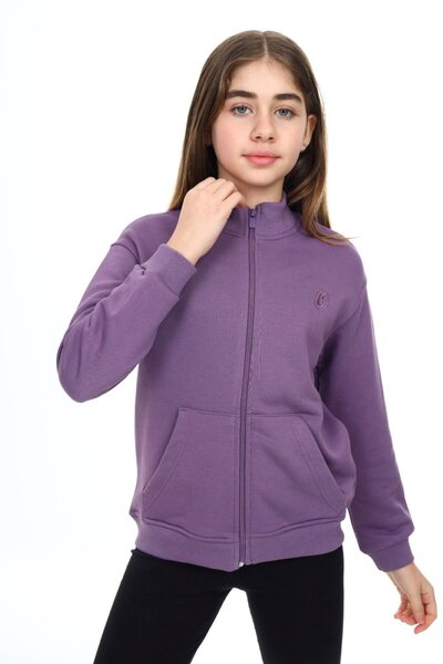 Toontoy Cardigan tricotat pentru fete, mov, cu guler înalt, buzunare cu fermo...