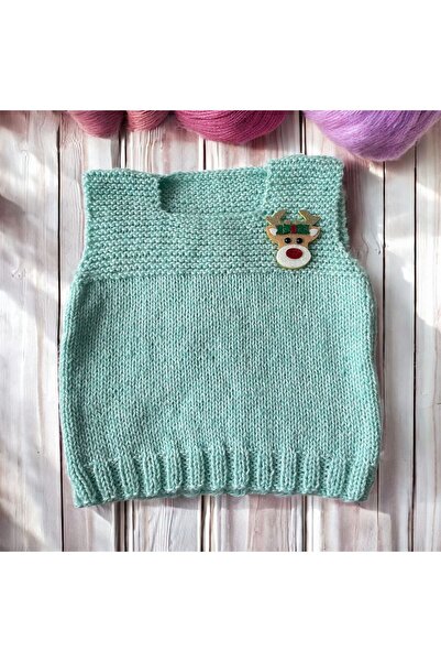 The Cloudish Shop Baby Hand Knitted Sweater, Aqua Green, Christmas, with Deer Badge, 1-2 Years Old