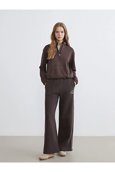 LC Waikiki XSIDE Kahverengi Beli Lastikli Baskılı Kadın Kalın Eşofman Altı