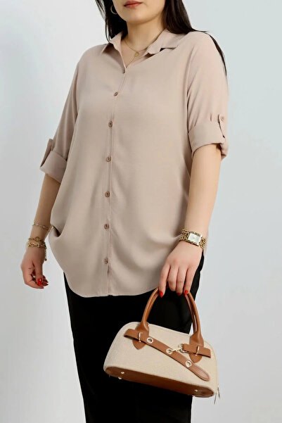 FOR ESRA BIG TREND Women's Large Size Solid Color Woven Viscose Shirt with Sleeves and Side Folds