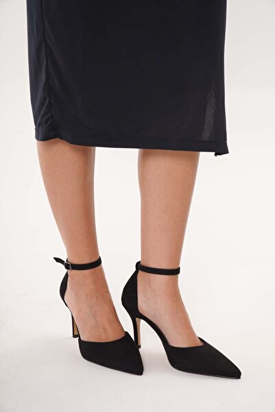 nuvilo siyah suet 8.5 cm kemerli sivri burun stiletto ince topuklu kadın ayak...