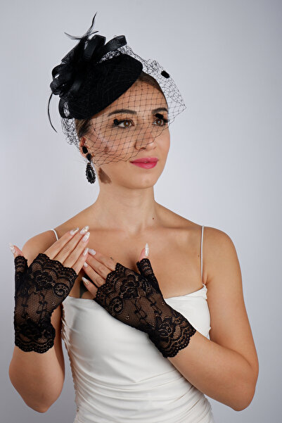 Limelia قفازات زفاف سوداء قصيرة من الساتان مزينة بحجر اللؤلؤ، إكسسوار زفاف، طقم قبعة فاشينيتور