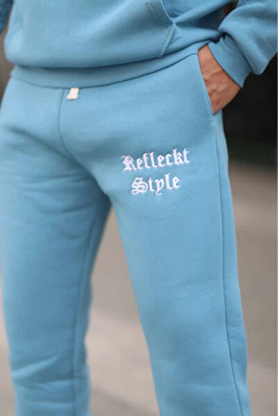 PHANTOM JEANS Açık Mavi Turkuaz İçi Polarlı Erkek Eşofman Takımı Paça Lastikli Cepli Kapüşonlu Nakış Detaylı Takım