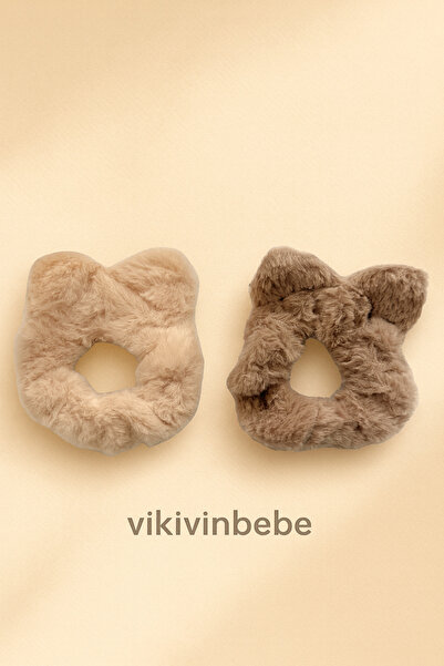 vikivin bebe Kedi Kulaklı Peluş Scrunchie 2'li Toka Seti Çocuk Lastik Toka