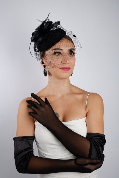 Hayalperest boncuk Stylish Black Stone Tulle Bridal Gloves and Elegant Wedding Fascinator Hat Set