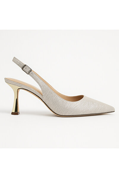 MERVDEN Women's Thin Heeled Gold Detailed Cream Slingback Shoes