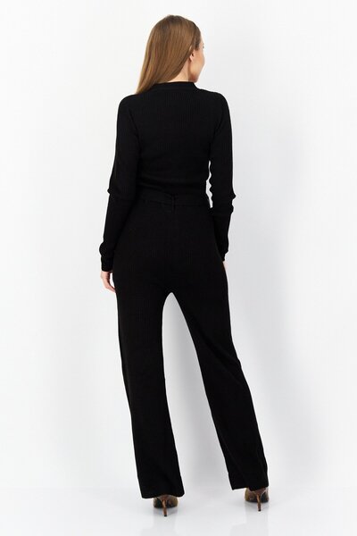 Brave Soul Women Ribbed Belted Long Sleeve Jumpsuit, Black
